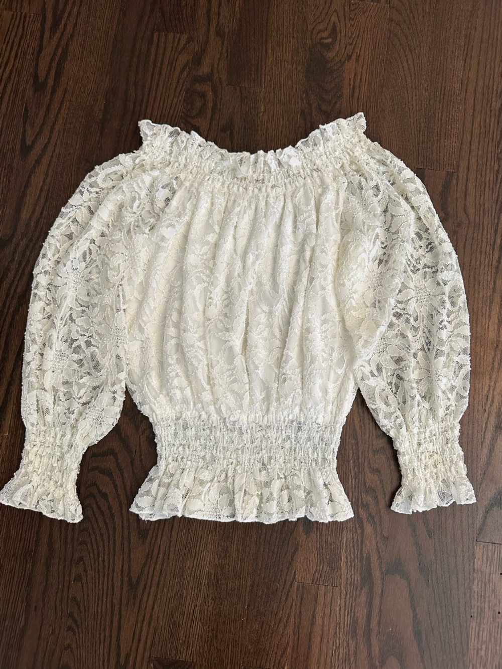 VENUS Cream Lace Smocked Off-Shoulder Blouse